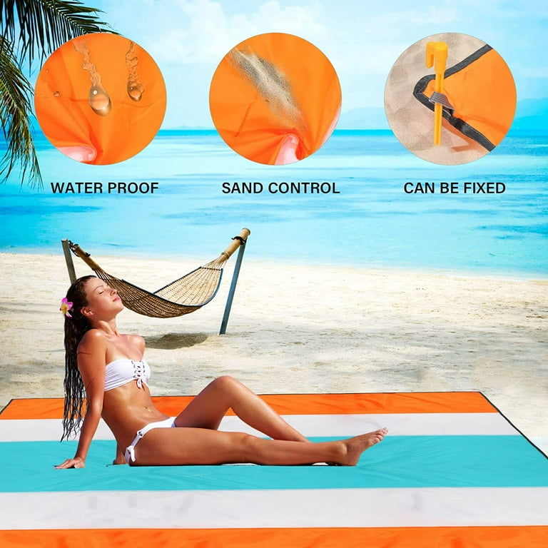 DREKTHAR Oversized Waterproof Beach Blanket with 4 Corner Sand Pockets Plastic Stakes