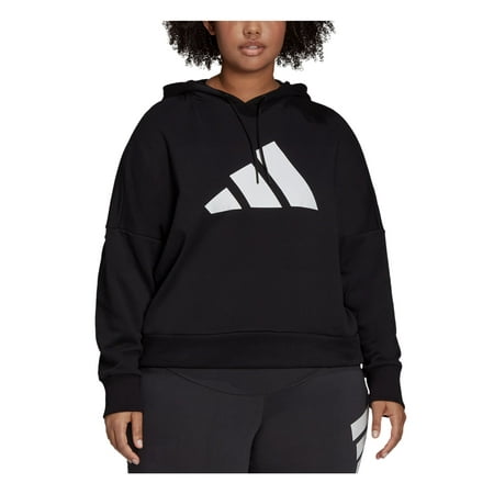 ADIDAS Womens Black Stretch Ribbed Drawstring Zippered Sleeve Logo Graphic Dolman Sleeve Collarless Active Wear Hoodie Top Plus 2X