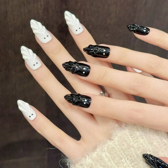 Halloween Playful Polished Ghost Nail Art Medium Almond Press On Nails 3D Black White Design for Women French Kit Long Lasting