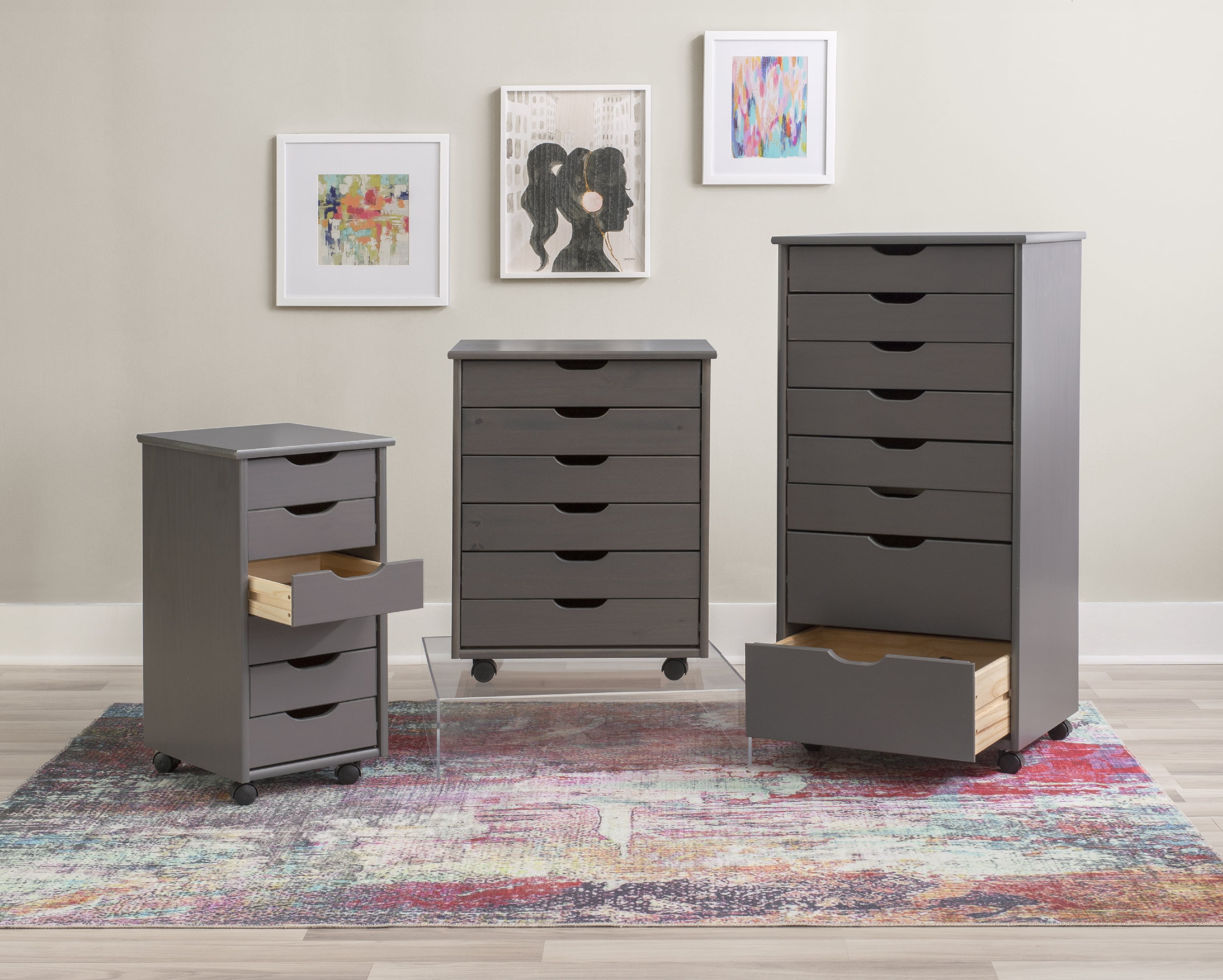 Linon Cary Six Drawer Rolling Storage Cart, Gray Finish