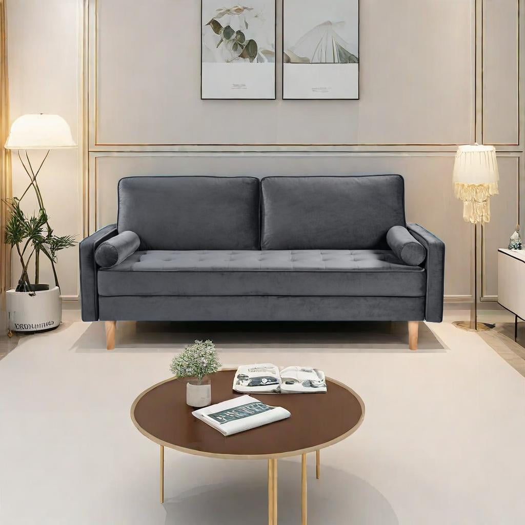 70" Modern Velvet Loveseat Sofa Couch,Mid-Century Tufted Upholstered Small Love Seat Couch with 2 Pillows for Compact Space,Living Room,Apartment,Grey