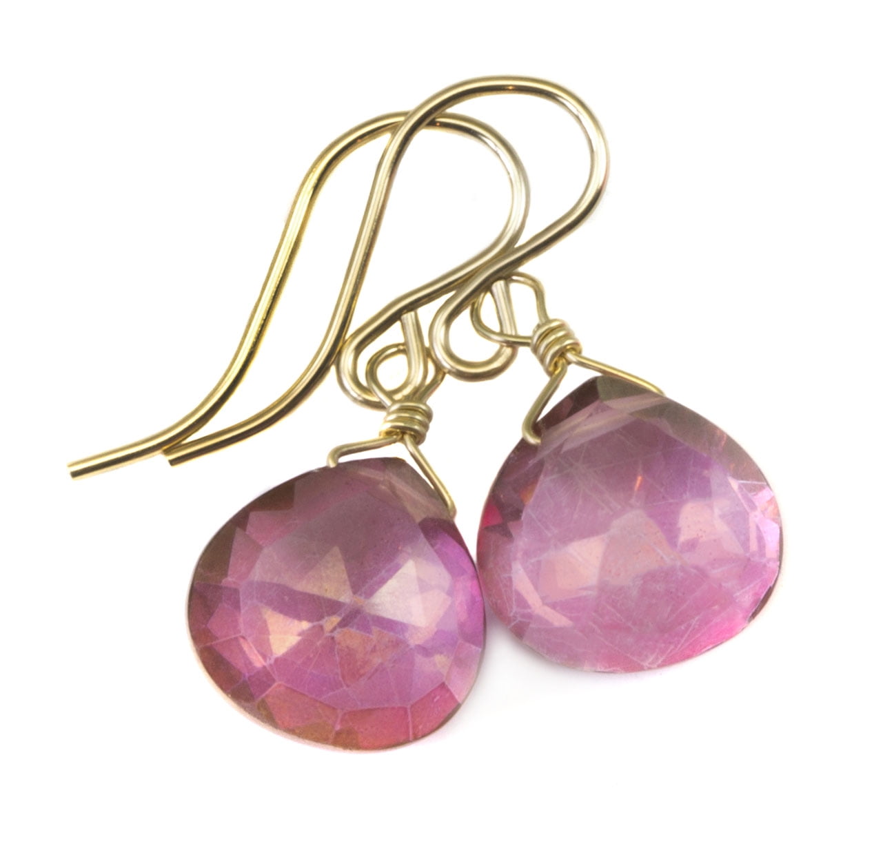 Pink Topaz Earrings Dainty Faceted Heart Shaped Teardrop Drops 14k