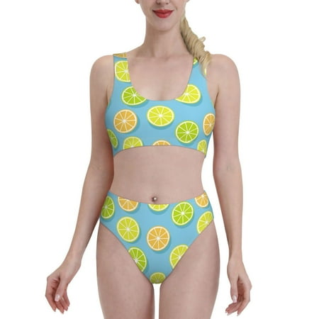 Bikini Sets For Women  Blue Lemon Cartoon High Waisted Bikini Sets Bathing Suit 2-Piece Drawstring Swimsuit