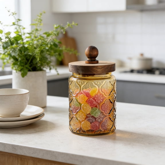 Cadancy Colored Glass Storage Jars 700ml Kitchen Canisters with Wooden Lids Decorative Food Containers for Snacks Tea Coffee Pasta Candy Airtight Seal Pantry Organization Home Decor