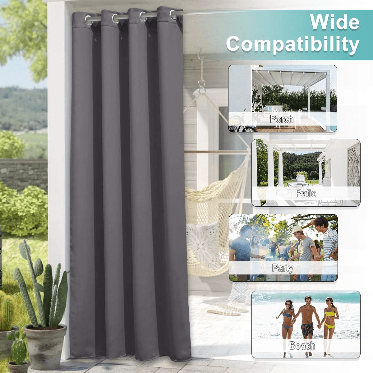 NICETOWN Outdoor Curtains Waterproof Privacy Stainless Steer Grommet Thermal Insulated Room Darkening Drapes, W52 x L95, Set of 2, Gray