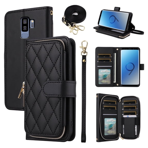 Furiet Wallet Case for Samsung Galaxy S9 Plus with Detachable Wrist Strap, Shoulder Strap, 9 Card Slots Zipper Purse, Luxury PU Leather Stand Cell Phone Cover for S9 9S 9 S 9 9plus S9plus Black