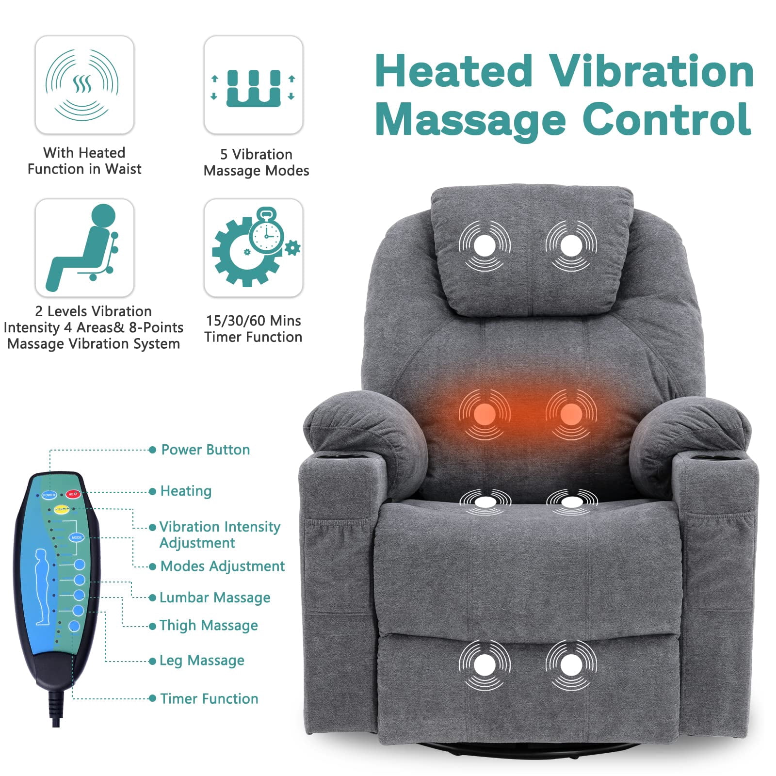 MEETWARM Massage Recliner with Heat, Swivel, Rocker, USB Ports & Cup Holders, Gray