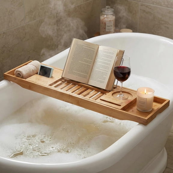 Bathtub Caddy Tray for Tub, Expandable Bamboo Bath Table Shelf with Book and Wine Glass Holder, Bathroom Accessories Gift for Spa, Housewarming
