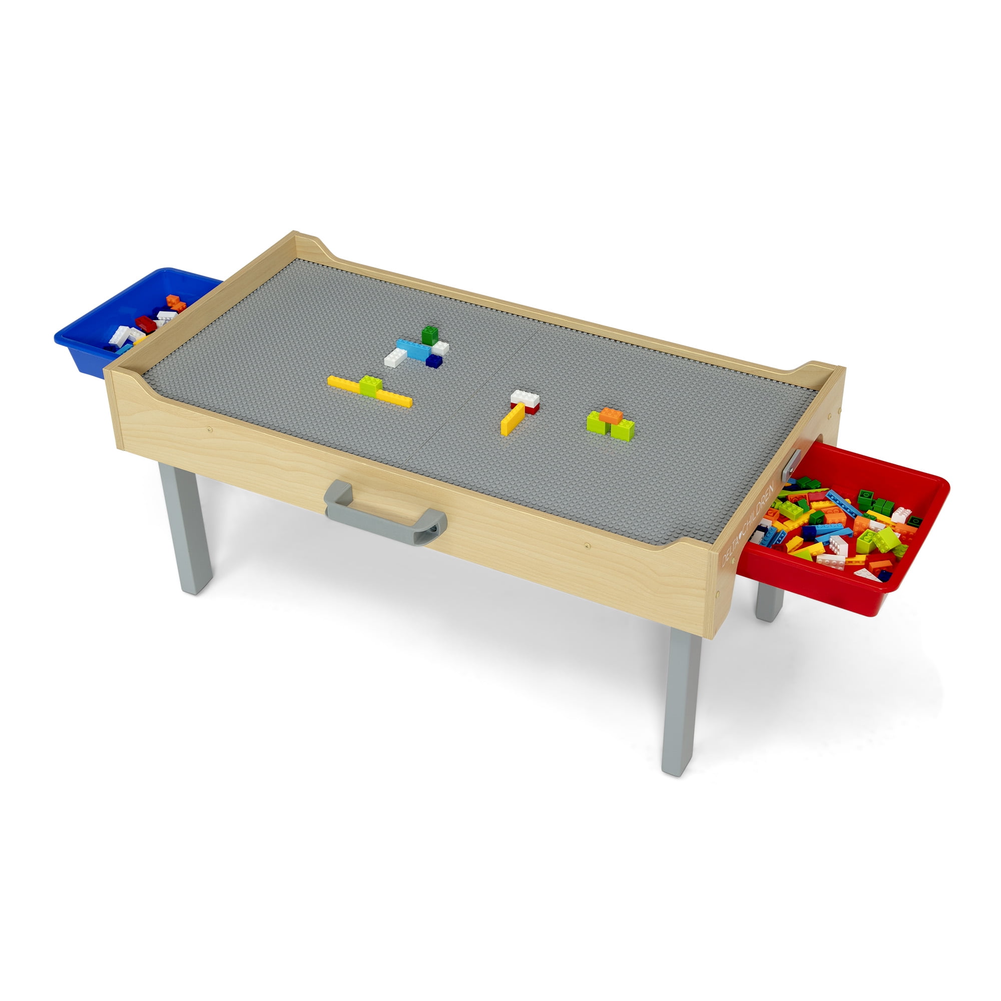 Delta Children Wooden Play N Store Building Bricks Play Table with 100+ Play Bricks Included - Large Brick Plate Compatible with LEGO, MegaBlocks & More - Legs Fold for Easy Under Bed Storage, Grey