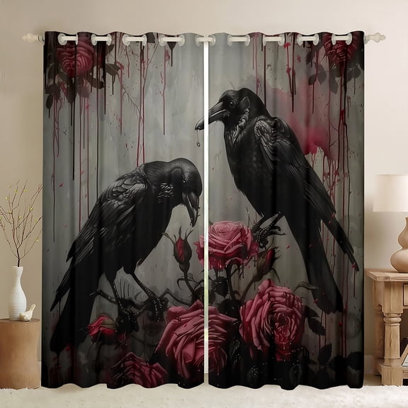 Homewish Black Crow Black Out Curtains for Female Men Adults,Pink Floral Rose Curtains Pack of 2 (42x63 Each),Retro Gothic Style Bedroom Curtains,Lightweight Room Decor