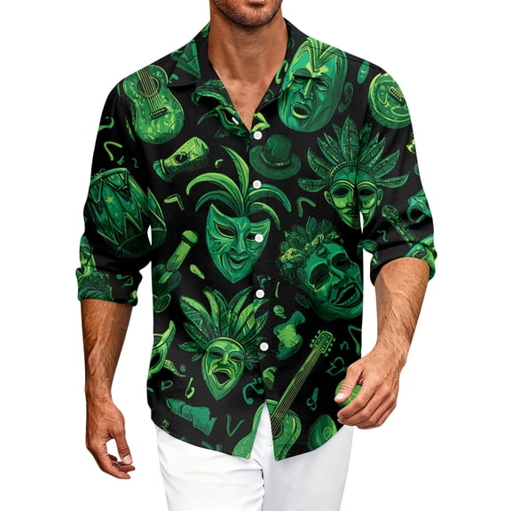 Fgvctg Mardi Gras Button Up Shirt Men Carnival Party Long Sleeve Button Down Cotton Shirt Collared Funny Blouse Mask Print Plus Size Business Casual Tops Dark Green L