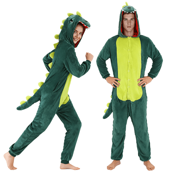 Adult Dinosaur Flannel Hooded Onesie Pajamas Cartoon Animal Cosplay Jumpsuit
