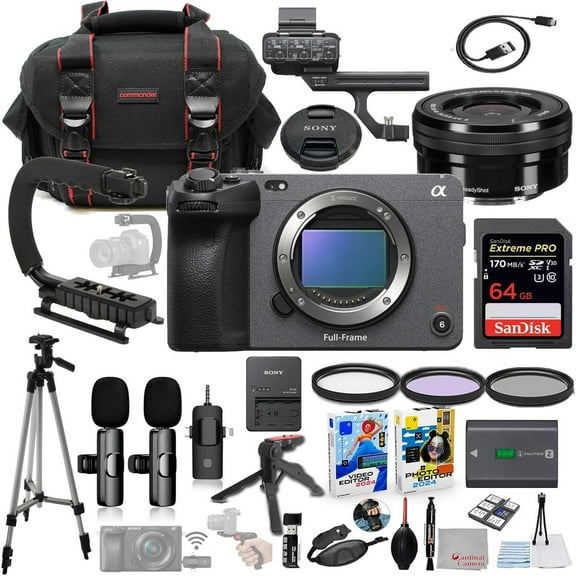 Sony FX3A Full-Frame Cinema Camera with 16-50mm Lens Bundle   Wireless Microphone System   Accessory Package Including 64GB Extreme Memory, U-Grip, Case, Tripod, Software and More (33 Items)