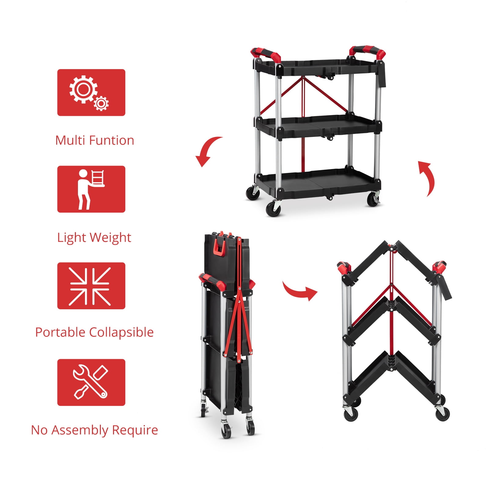Foldable Utility Carts with Wheels, 3-Tierrolling tool cart,Collapsible Service Cart 168LB for Home, Office, Garage, and Warehouse,No Assembly Required