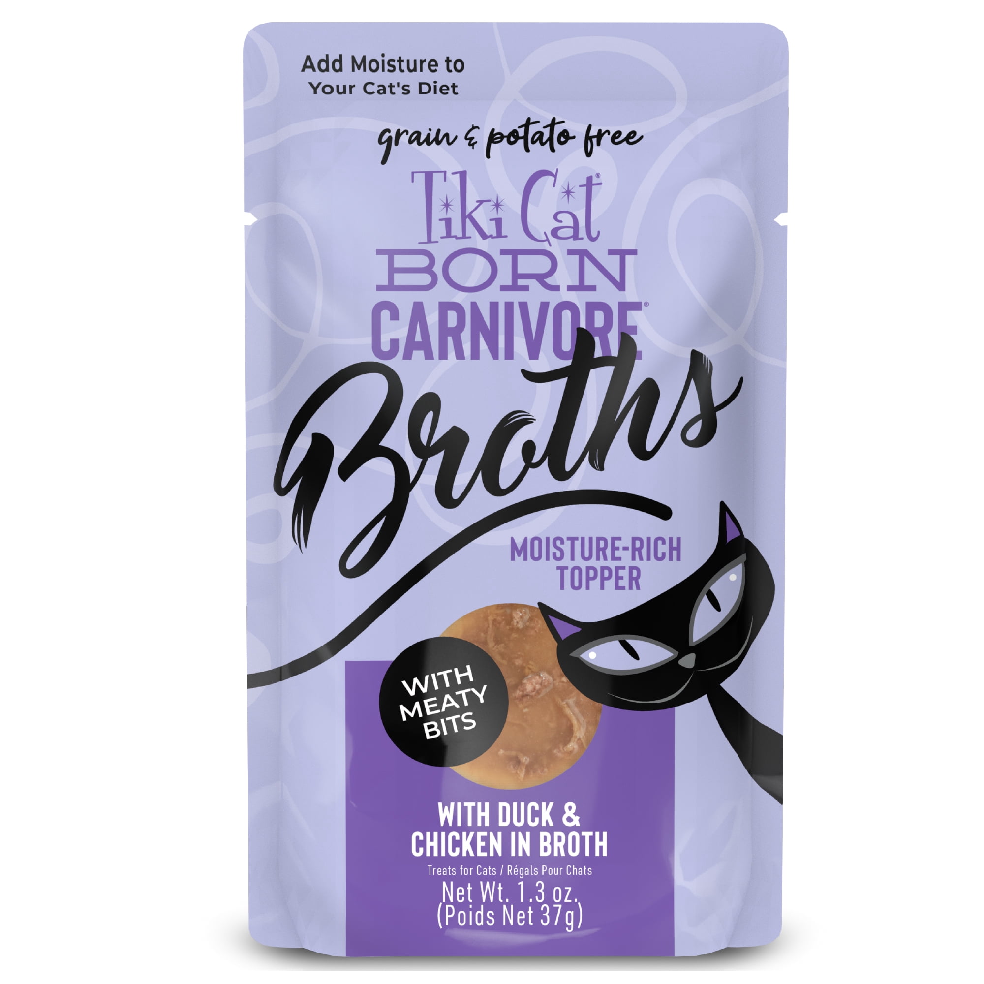 (6 pack) Tiki Cat Born Carnivore Broths Wet Cat Food Topper, Duck & Chicken, 1.3 oz. Pouch