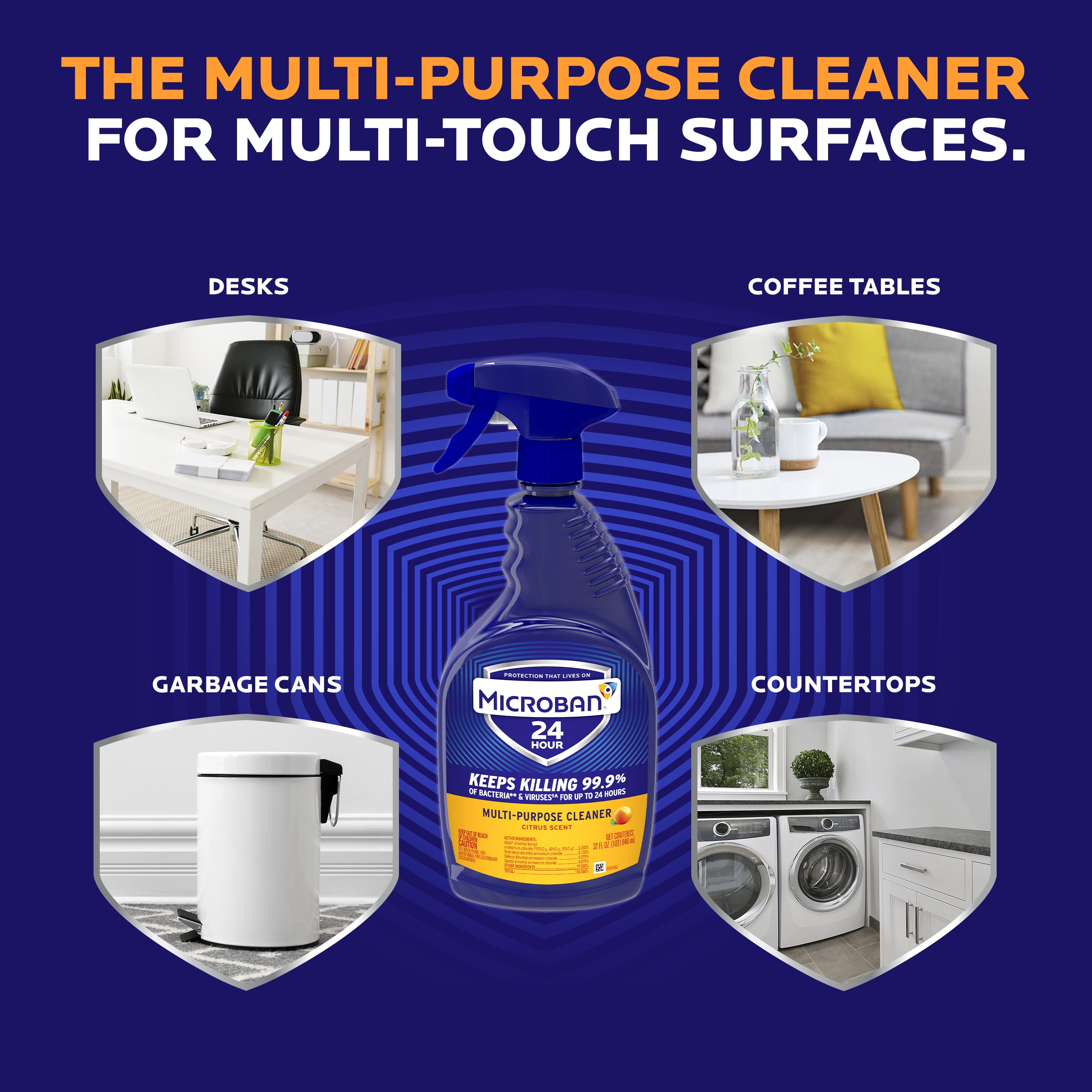 Microban 24 Hour Multi-Purpose and Disinfectant Cleaner, Citrus, 32 fl oz