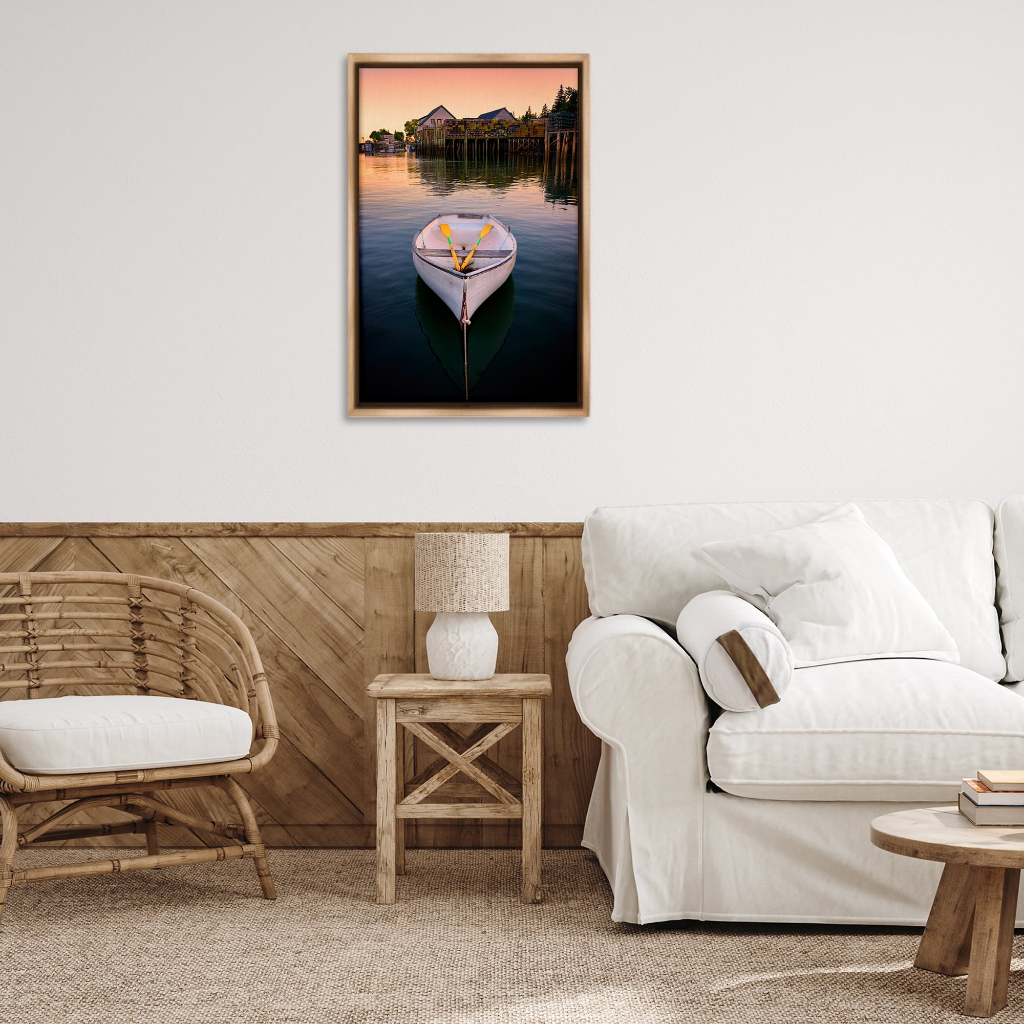 Stupell Industries Docked Rowboat with Oars Transportation Photography Brown Floater Framed Canvas Art Print Wall Art, 21 x 31