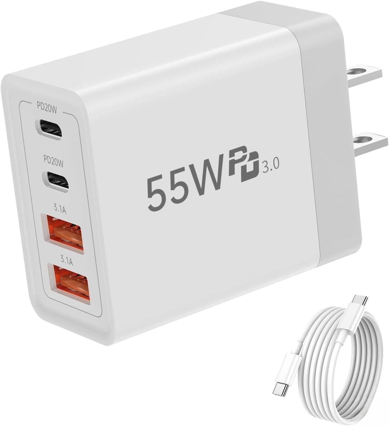 RGHJAR-USB C Wall Charger, 55W 4-Port Fast USB C Charger Block, Dual Port QC 3.1A + PD 20W Power Adapter Multiport Type C Charging Block Cable for iPhone 17 16 15 14 13 12 11 Pro Max XR XS 8, Samsung