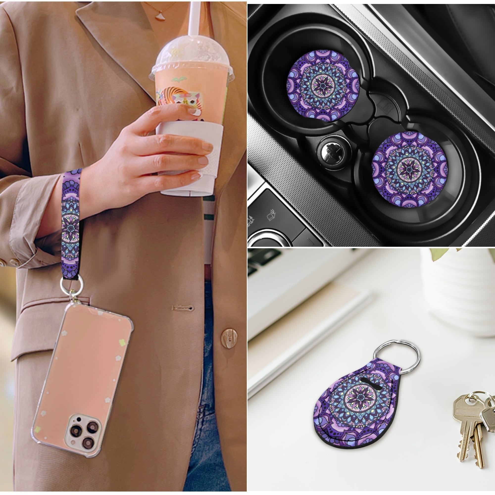 Jeiento Boho Mandala Flower Car Seat Cover Set of 14 Steering Wheel Cover Seat Belt Strap Pads Headrest Covers Coasters Auto Center Console Cover Purple Interior Automobile Accessories Sets
