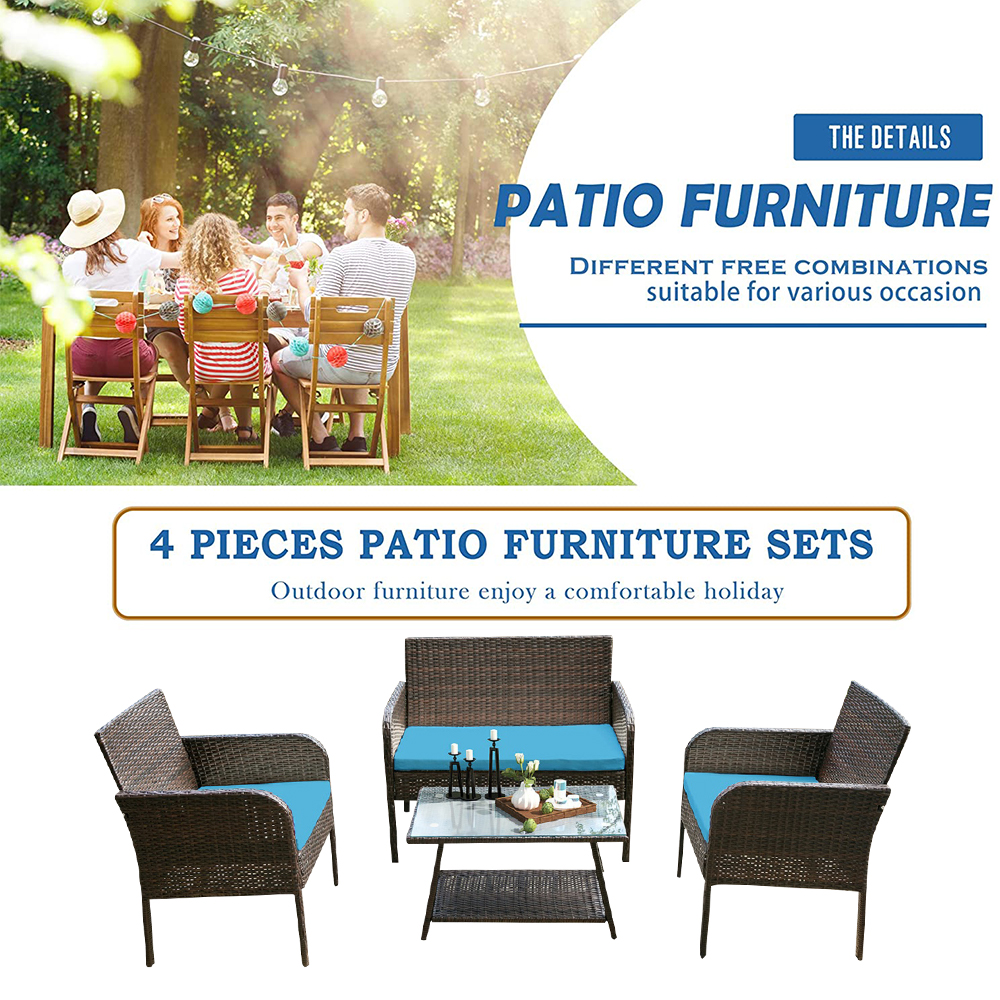 uhomepro Patio Porch Conversation Furniture Sets, 4 Pieces PE Rattan Wicker Chairs with Coffee Table, Outdoor Garden Furniture Sets, Cushioned Outdoor Wicker Patio Set, Wicker Bistro Set, Q12104 - image 4 of 11