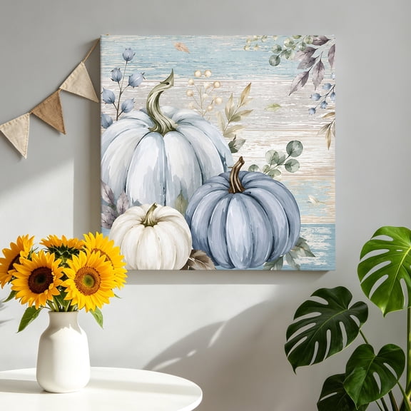 Thanksgiving Blue Pumpkin Canvas Wall Art for Living Room, Fall Pastoral Harvest Green Eucalyptus Leaf Poster Print Painting for Bedroom Office Home Decoration Wall Pictures Prepare To Hang 16"x16"