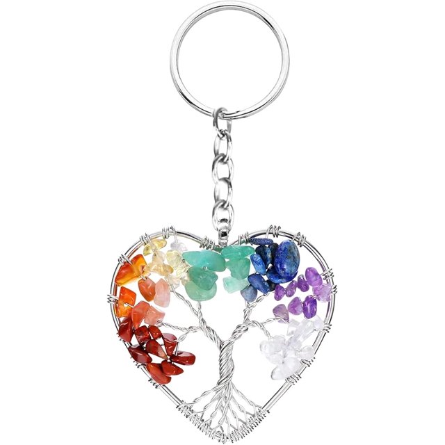 Llavero con forma de árbol de la vida, piedra pulida de cristal curativo de los 7 chakras, llavero para coche con piedras preciosas naturales, llavero de curación Reiki