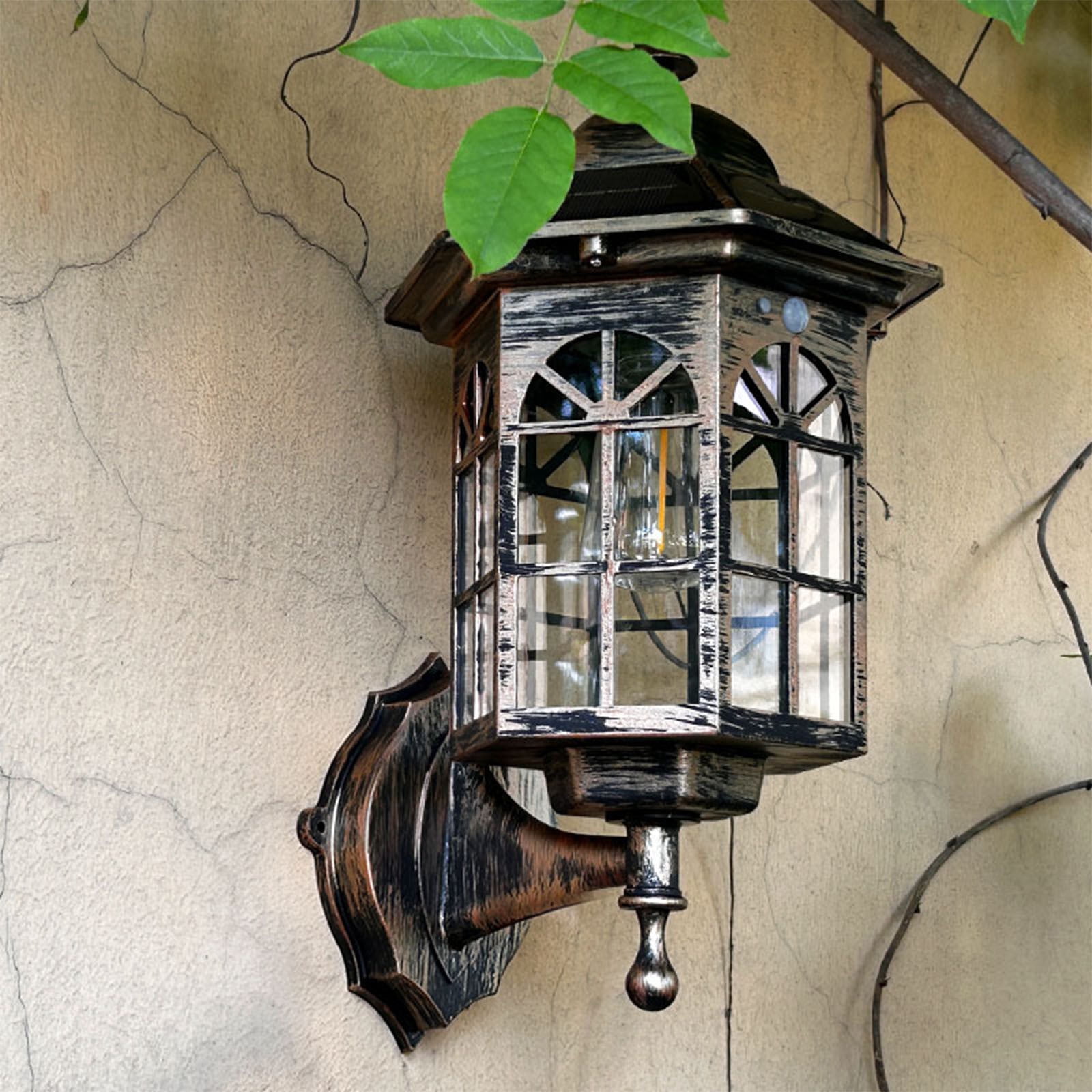 Solar Wall Lights, Vintage Outdoor Lighting with Dusk To Dawn Sensor, Motion Sensor Outdoor Lights for Garden, Warm Amber Glow Decorative Lantern for Patio