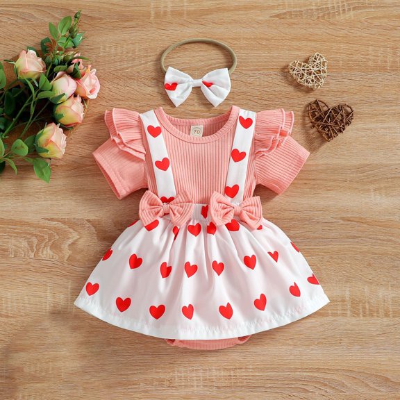 YWDJ Valentines 3-18 Months Old Valentines Day Set Spring And Summer Round Neck Short Sleeve Ruffled Love Bow Jumpsuit Dress Set Bow Tie Hair Band Pink 6 Months