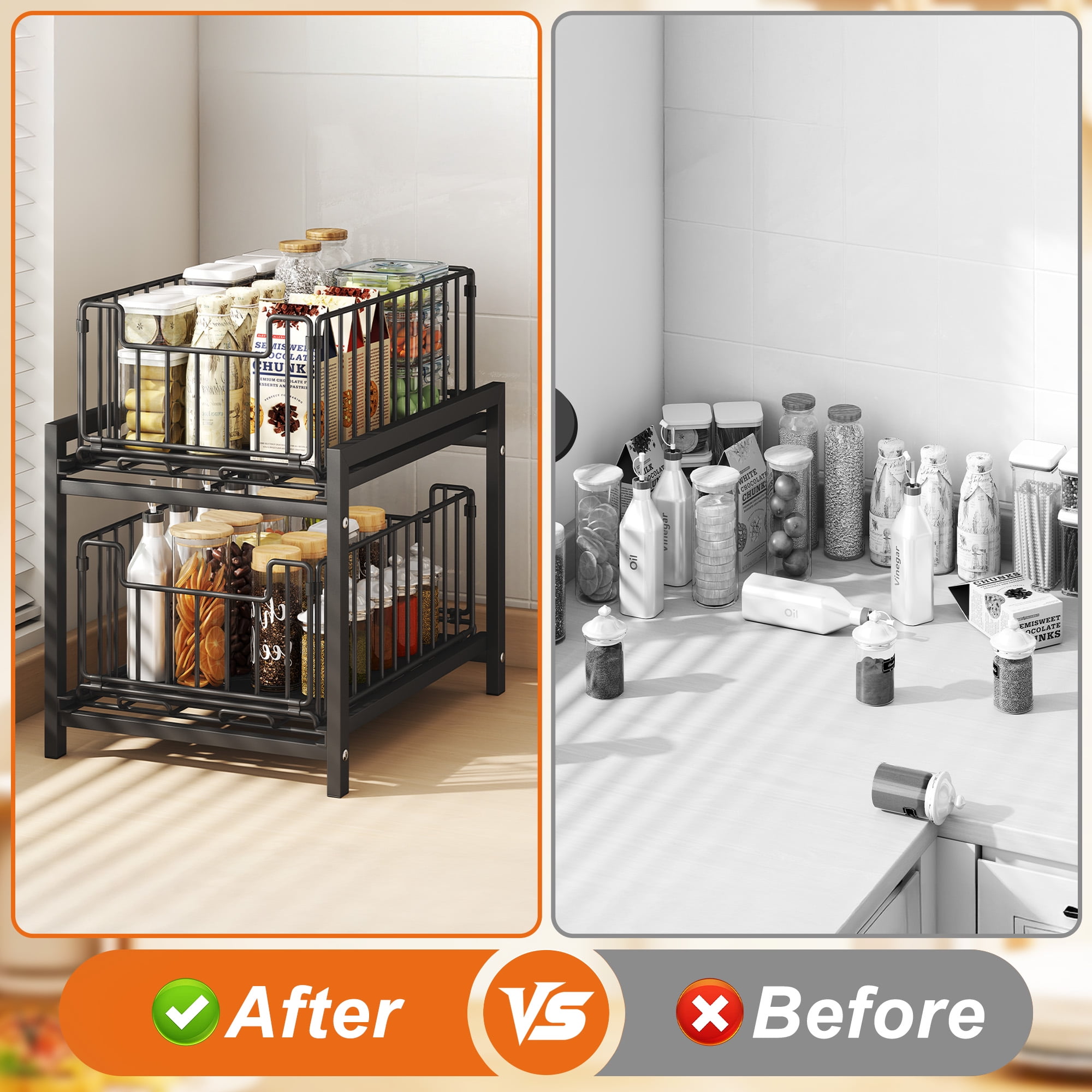 2 Tier Under Sink Organizer Rack, Pull Out Cabinet Organizer, Slide Out Sink Shelf for Kitchen & Bathroom, Black
