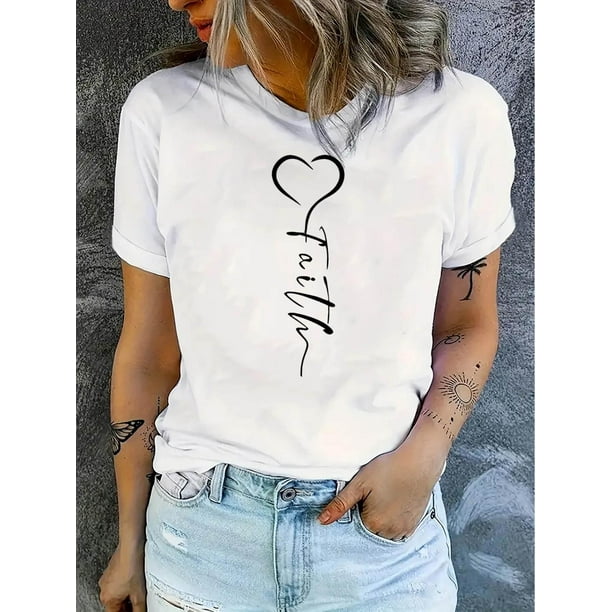 Creative Heart & Letter Graphic Print T-shirt, Casual Round Neck Short Sleeve Top, Women's Clothing
