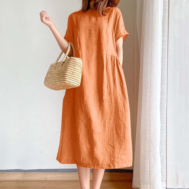 Amzcrzy Robes pour Femmes Robes Grande Taille pour Femmes aux Formes Robes pour Femmes Robe à Manches Courtes pour Femme Couleur Unie Col Rond Robe Ample en Coton Robes Décontractées pour Femmes