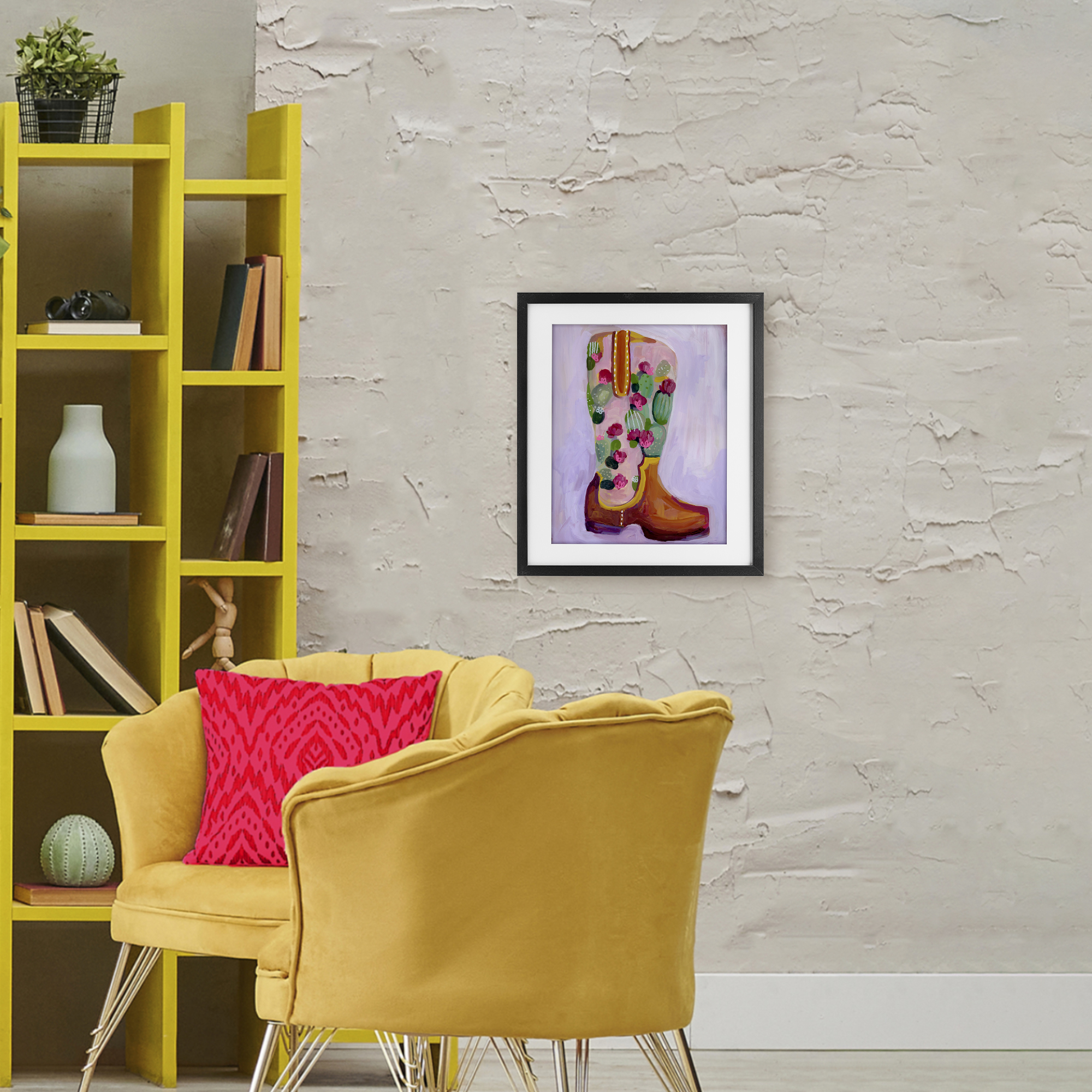 Desert Day Dream Boots Black Framed Print Under Glass, design by Ashley Davis