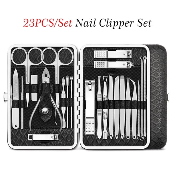 Juego de 23 piezas para cuidado de uñas y belleza, en acero inoxidable resistente y diseño ergonómico, ideal para uso profesional o en casa. Incluye estuche para fácil transporte y organización.