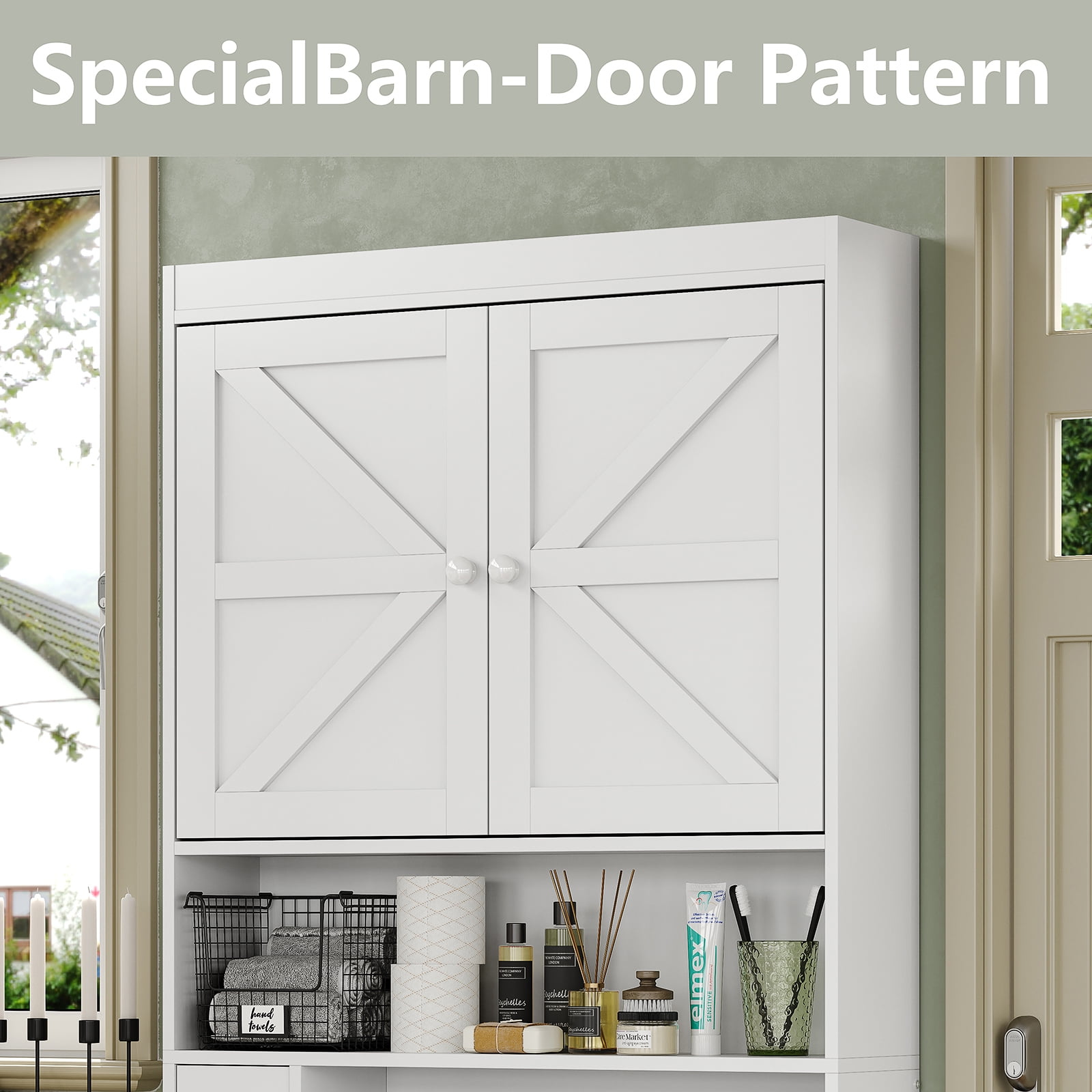 Furnihold Over The Toilet Storage Cabinet with Barn Doors, 32.3''W Farmhouse Bathroom Over Toilet Shelf Space Saver with Toilet Paper Holder, White