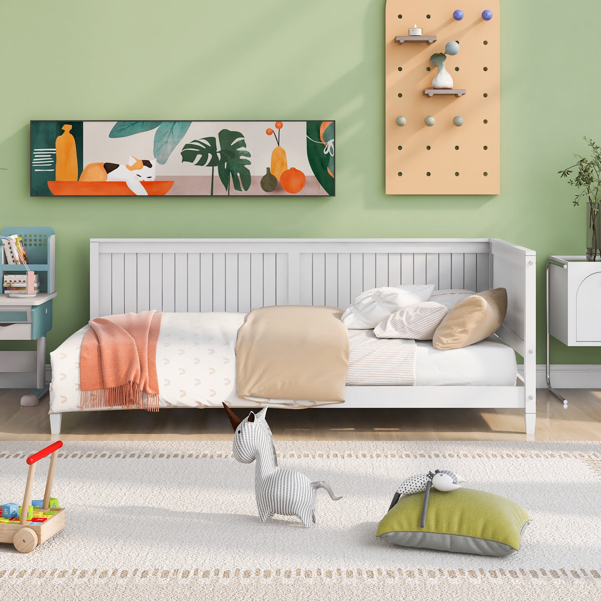 Leumius Modern Plywood Solid Wood MDF Breathable Twin Size Wood Daybed with Headboard White