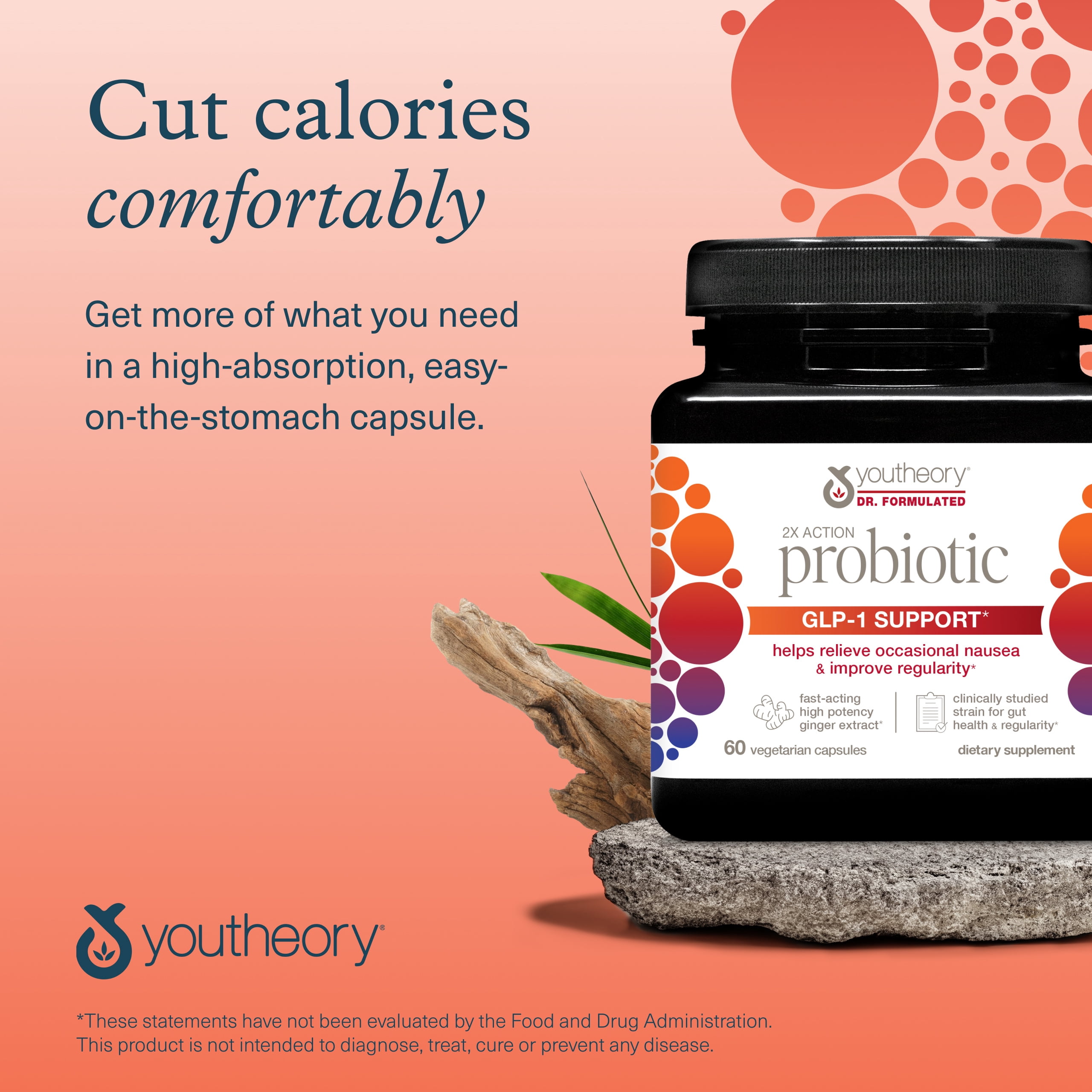 Youtheory 2X Action Probiotic - GLP-1 Support for Gut & Digestive Health* - Clinically Studied Probiotic - Prebiotic Fiber & Fast-Acting Ginger Extract - Gluten & Soy Free - 60 Vegetarian Capsules