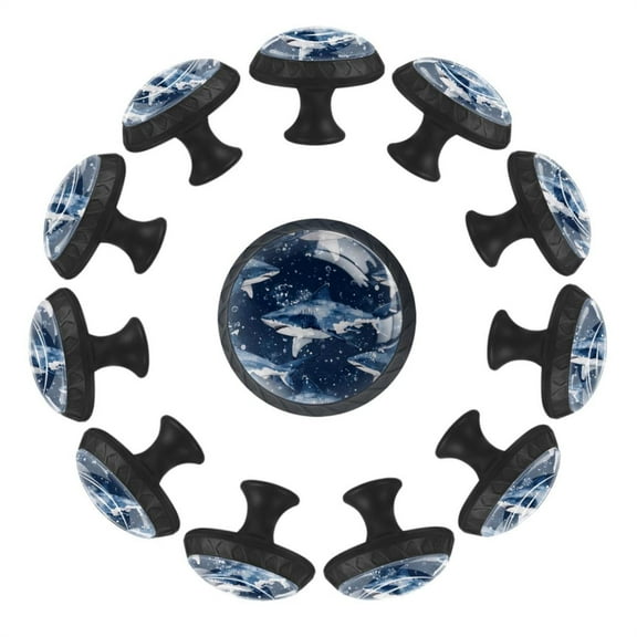 12 Pieces Sharks Navy Blue Pattern Glass Knobs for Dresser Drawers, 1.37 x 1.10 IN Round Kitchen Cabinet Pulls For Home Office Nursery Kids Room