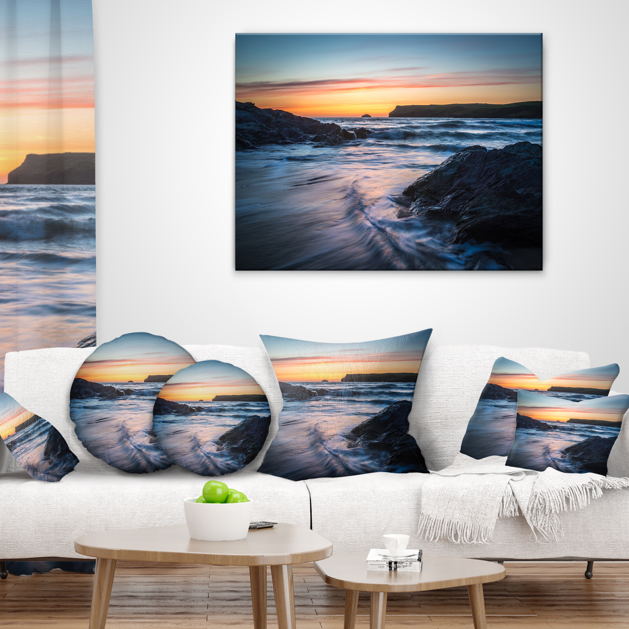 Designart Setting Sun at Polzeath Beach - Modern Seascape Throw Pillow - 12x20