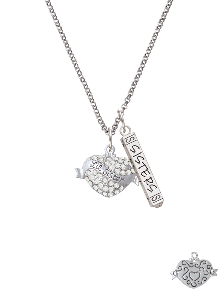 Delight Jewelry Silvertone Lil Sister Banner on Clear Crystal Heart Silvertone Sisters Best Friends Forever Bar Charm Necklace, 23"