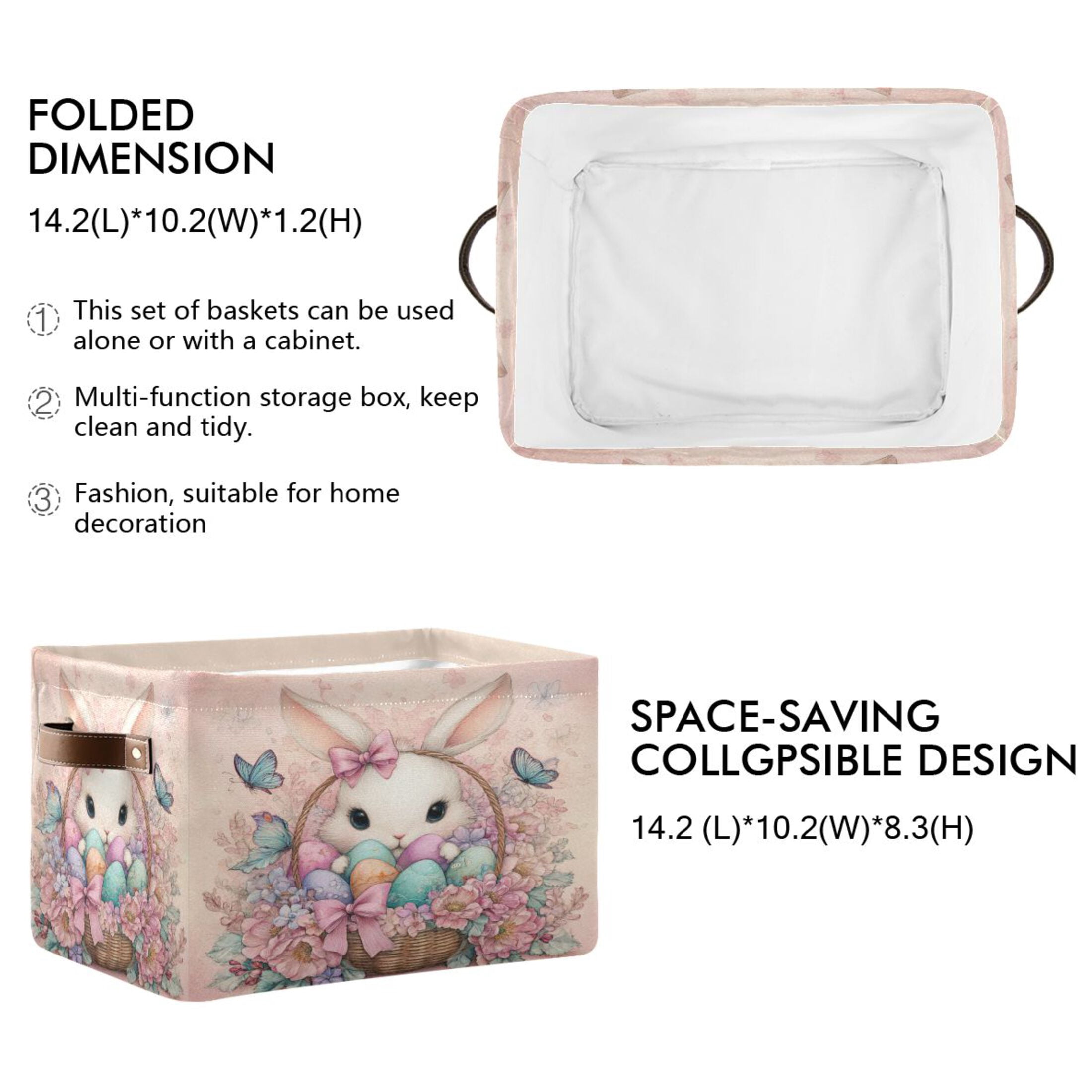 Wobogo Adorable Easter Bunny Square Storage Basket Set of 2 with Waterproof Canvas and PE Lining Durable PU Leather Handles 14.2×10.2×8.3in