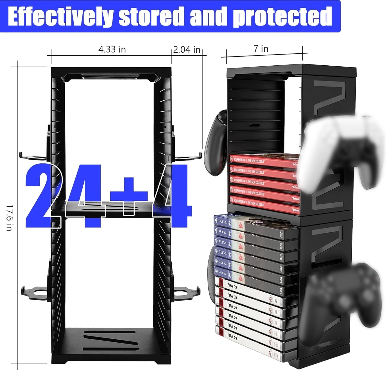 LASIEYO Game Storage Tower for PS5/ PS4/ xBox Series X/S, Universal Video Game DVD Holder Shelf Rack, Holds 24 Disks and 4 Controllers Holders for Nintendo Switch PS5 Playstation 4 Xbox Movies