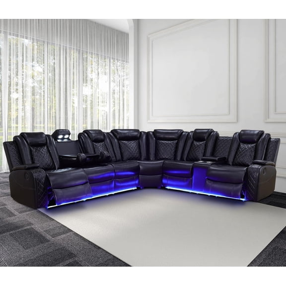 3-Pcs Modern Leather Power Recliner Corner Sectional Couch Living Room Set with LED Light USB Charger, Cup Holder & Storage Console, Black
