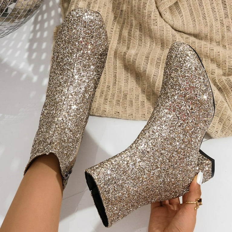 Xfvqtps Womens Glitter Ankle Boots Sparkle Party Booties Chunky Heel Side Zipper Fashion Boots for Women Night Out Evening Dress Shoes Gold, Women's,
