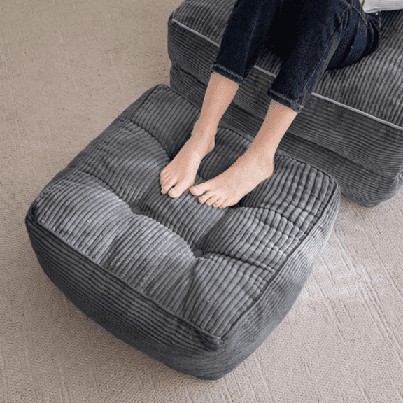 Square Stuffed Pouf , Corduroy Poufs with Foam Chunk Filling, Furry and Fluffy Pouf Foot Stool Storage , 21 X 21 Floor Poufs Foot Rest for Living Room, Dark Grey