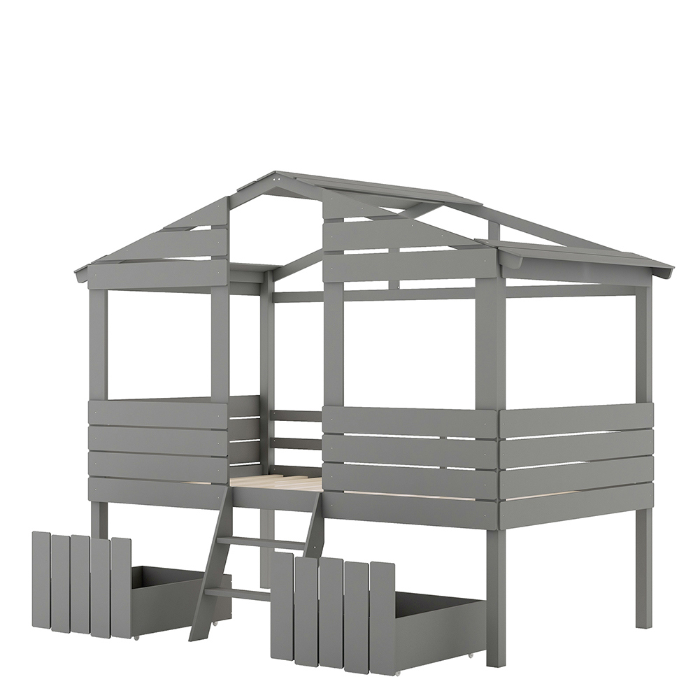 Kadyn kids Bunk Loft Bed with Two Drawers, Windows and Roof Design, Gray