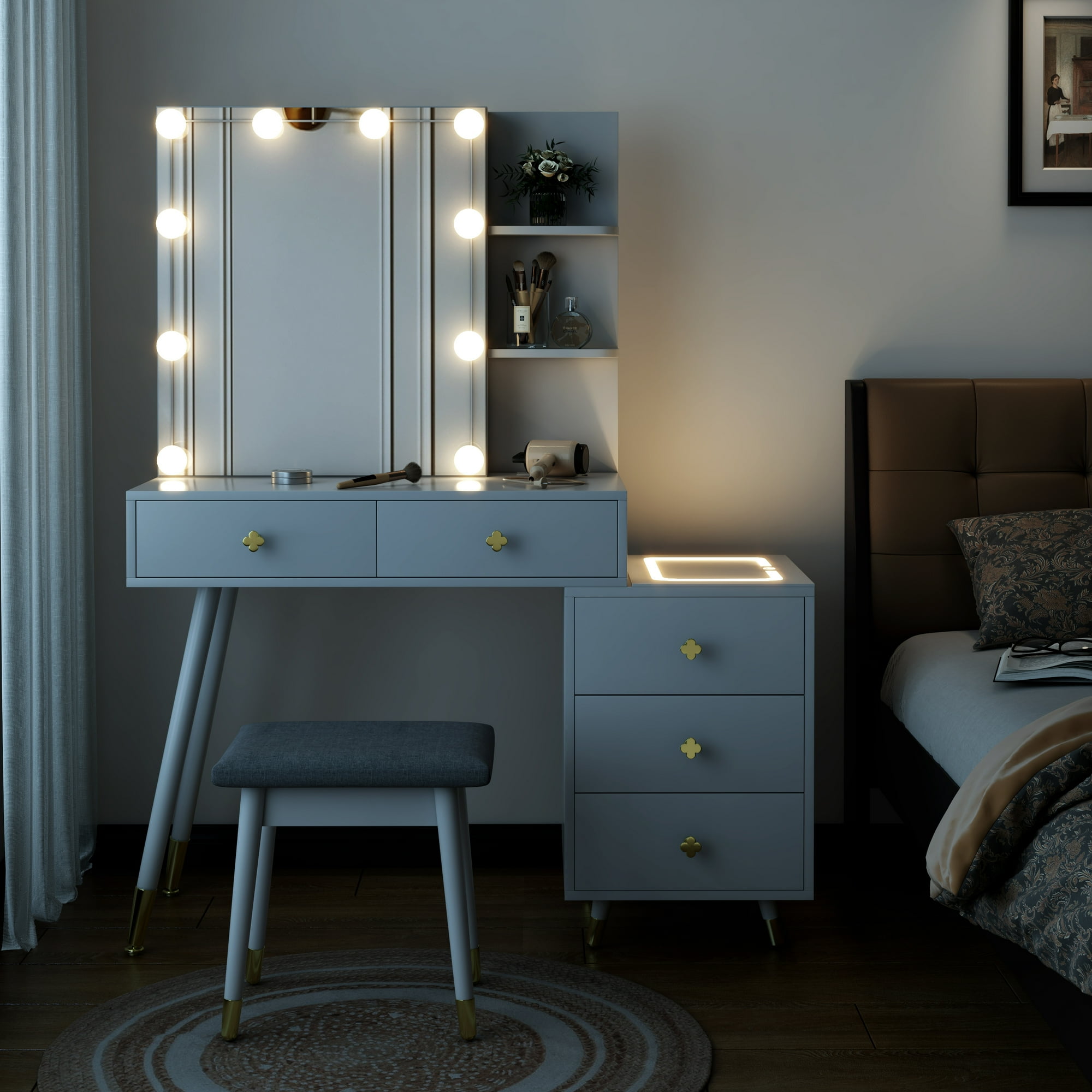 Kadyn Vanity Desk with Lighted Mirror, Makeup Table with 5 Drawers, Dressing Table Makeup Desk for Bedroom, White