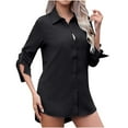 thumbnail image 2 of HongQid Women Button Down Shirts 3/4 Sleeve Basic Business Dress Shirt Classic V Neck Button Up Work Blouse Tops, 2 of 9