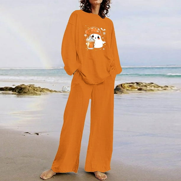 Puntoco Traje De Pantalón Y top De Manga Larga Con Cuello Redondo Y Estampado De Halloween Para Mujer Naranja L