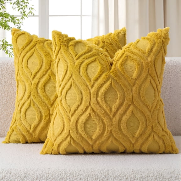 AUQ Spring Mustard Yellow Throw Pillow Covers 18X18 Inch,Soft Plush Faux Wool Solid Couch Pillows Set of 2,Decorative Farmhouse Boho Cushion Covers for Sofa Living Room Bed Home Decor