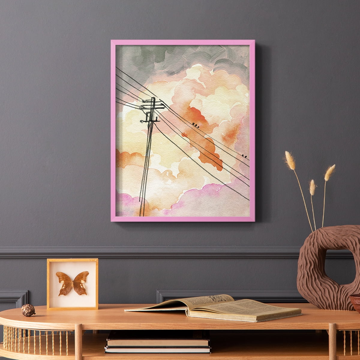 Cloudy Communication II Framed Print in Pink Solid Wood Framed Print No Nail Hanging